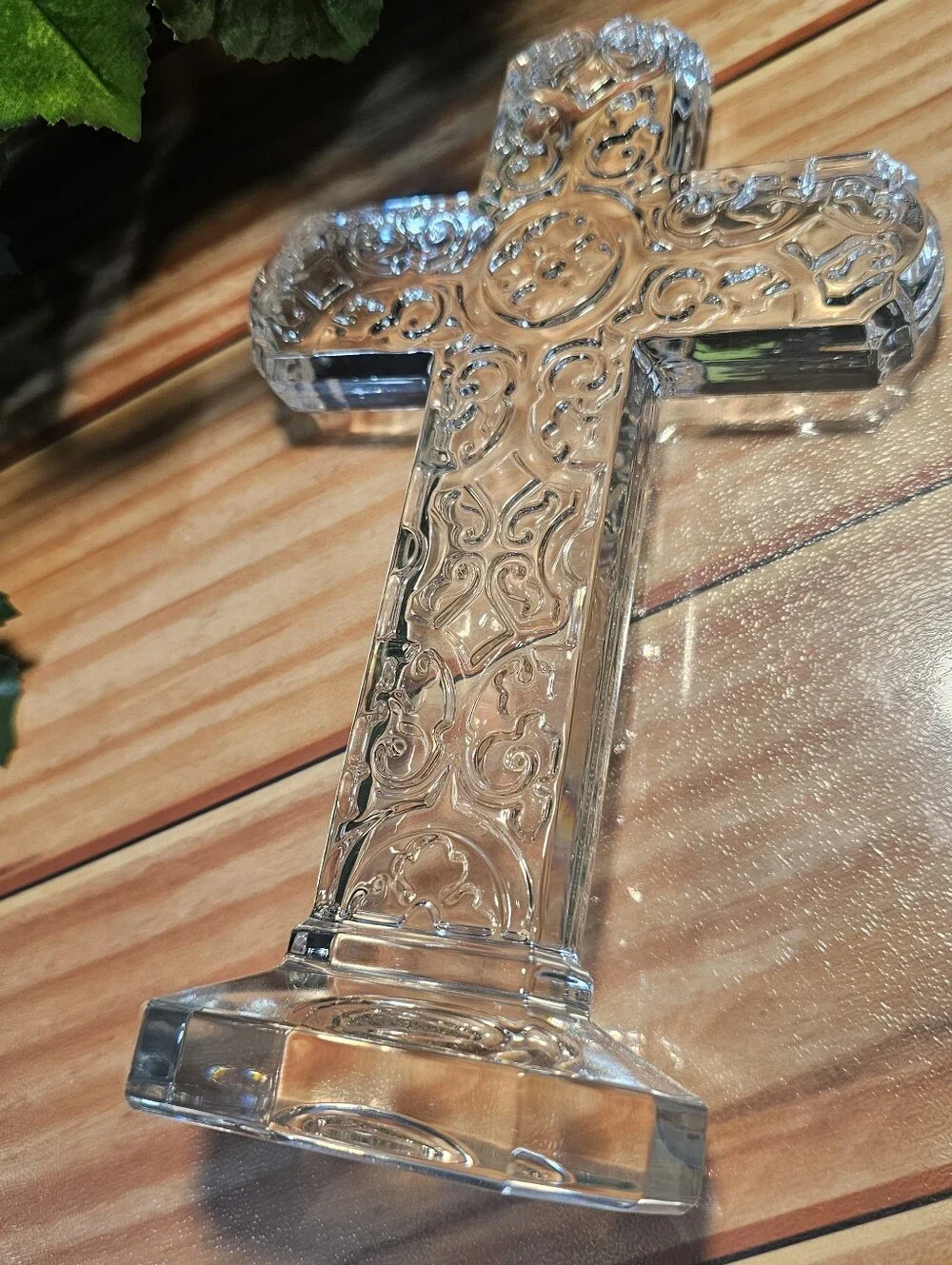 Clear Glass Filigree Cross Figurine Freestanding Religious Decor 8